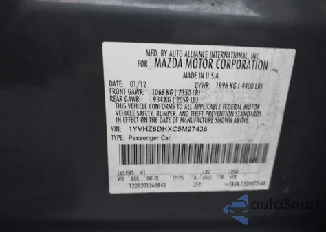 2012 Mazda Mazda6 I Touring z USA, uszkodzony, nr VIN 1YVHZ8DHXC5M27436